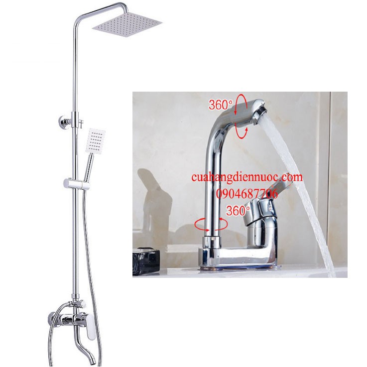 Combo bộ sen cây kèm vòi chậu lavabo vuông nóng lạnh cao cấp SC17-SNL16