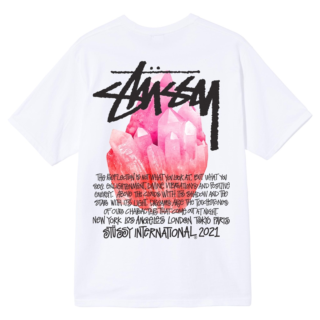 Áo thun tay ngắn dáng rộng in chữ Stussy đính đá phản quang thời trang cho cặp đôi