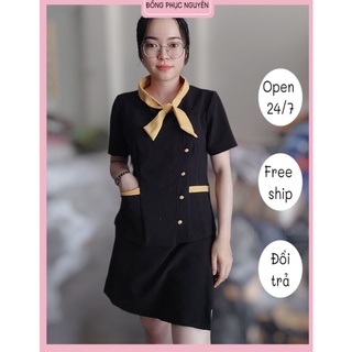 Đồng phục spa màu đen nơ vàng