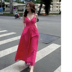 Đầm maxi hai dây nhún eo dáng xòe có mút ngực đi chơi đi biển siêu xinh