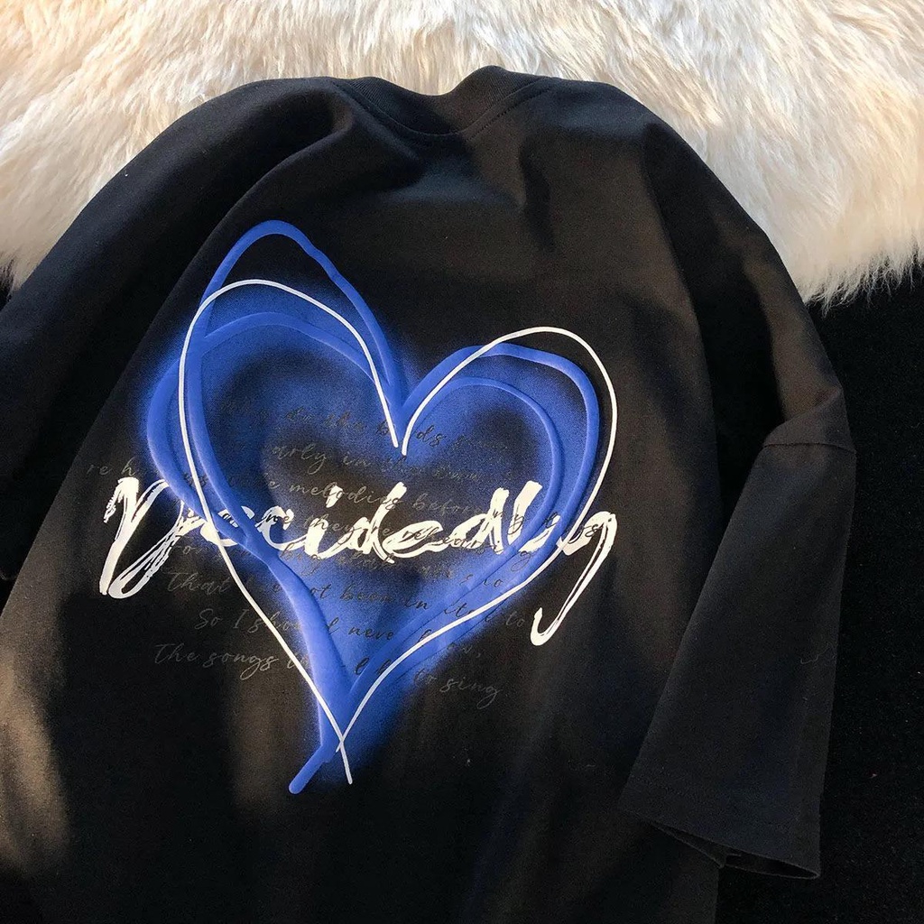 Áo Thun 100% Cotton Tay Ngắn Dáng Rộng In Hình Trái Tim Thời Trang Mùa Hè Cho Nam Và Nữ