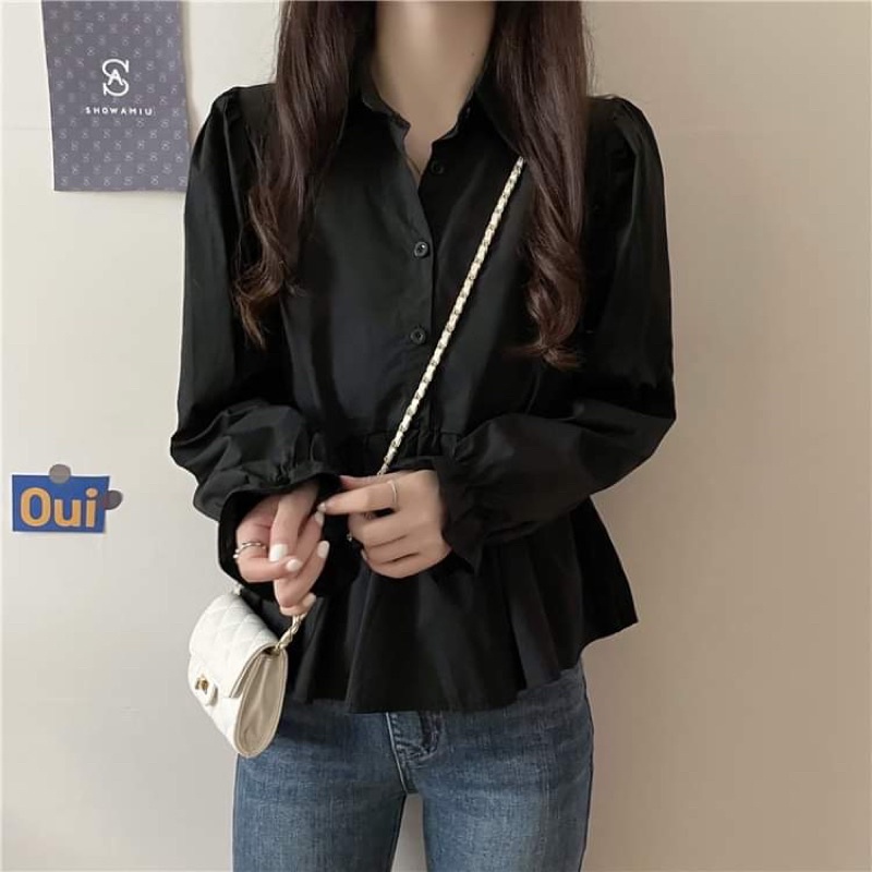 Áo sơ mi dáng babydoll dài tay cổ polo màu đen, trắng