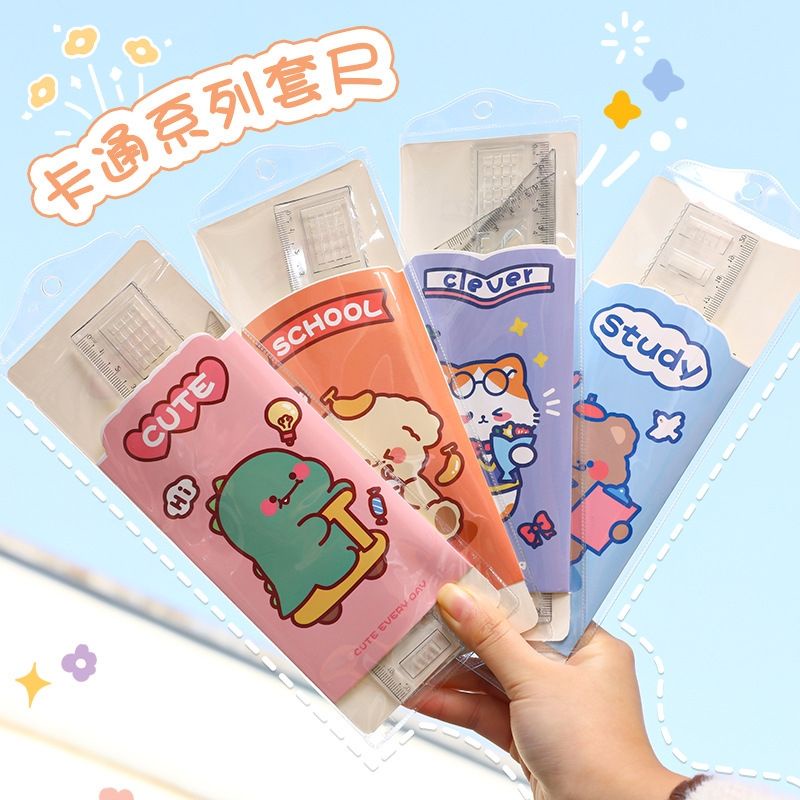 Bộ 4 cây thước kẻ, eke, đo độ dàu 20cm cho học sinh