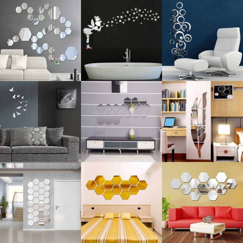 Bộ 12 Miếng Dán Tường Tráng Gương Hình Lục Giác 3D Màu Vàng / Bạc Họa Tiết Tổ Ong Độc Đáo Trang Trí Nhà Cửa / Văn Phòng / Phòng
