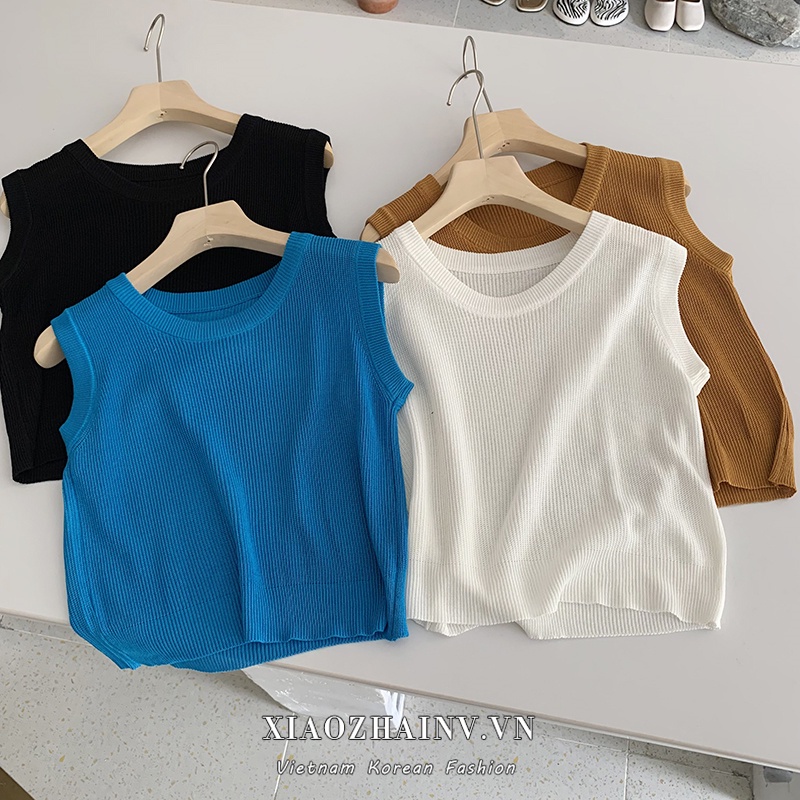 Áo sát nách XIAOZHAINV dệt kim vải lụa lạnh cổ tròn phong cách Hàn Quốc retro 4 màu lựa chọn dễ thương cho nữ