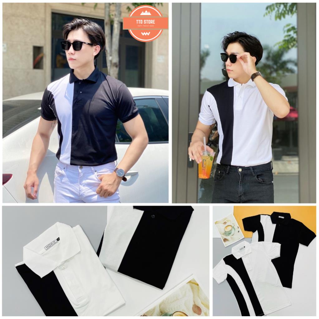 Áo thun nam nữ cổ trụ tay ngắn phối sọc dọc 2 màu đen trắng, trẻ trung lịch lãm chất cotton thoáng mát thời trang mùa hè