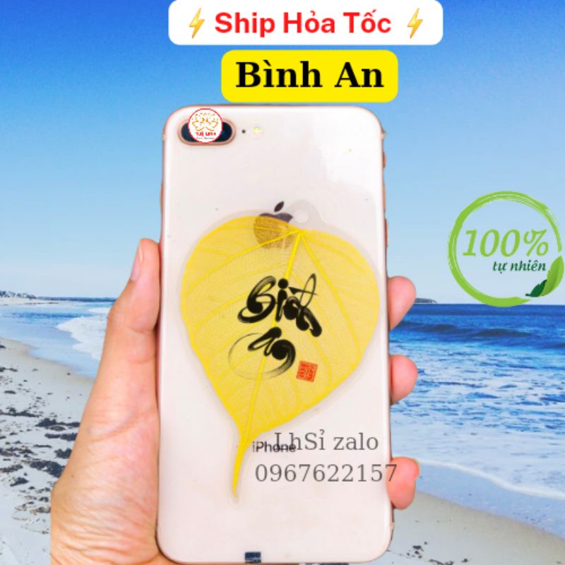 Lá Bồ Đề viết chữ thư pháp Bình An (Lá Vàng, Trắng)