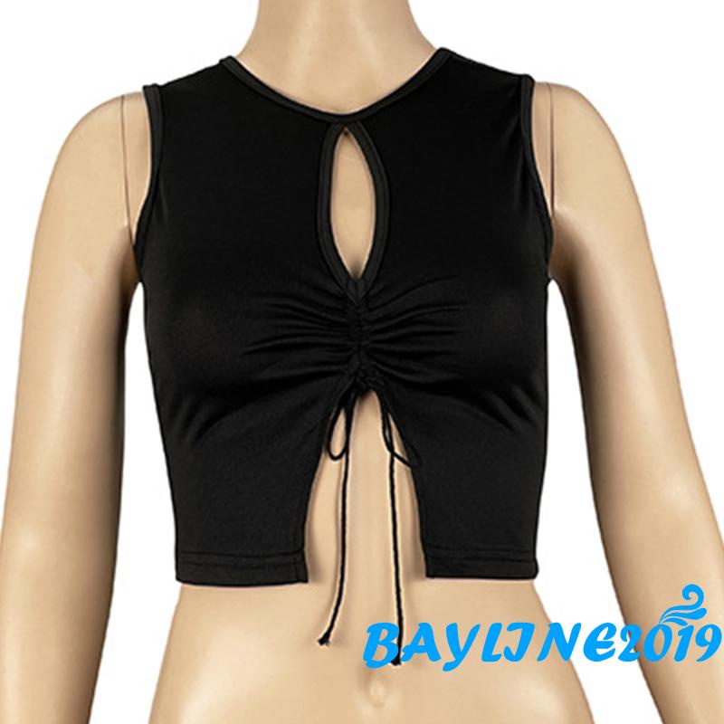 Áo croptop không tay màu trơn thiết kế khoét lỗ có dây rút thời trang mùa hè màu đen cho nữ