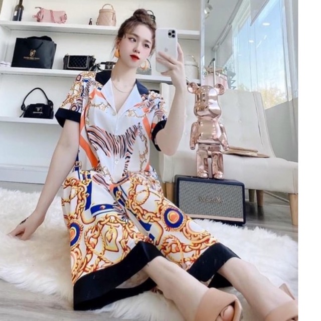BỘ PIJAMA LỤA TAY NGẮN QUẢNG CHÂU CAO CẤP VẰN CAM