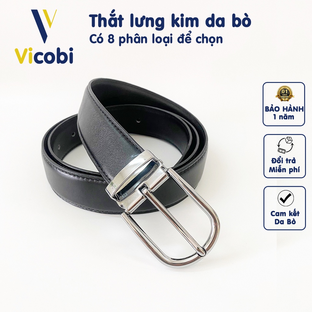 Thắt lưng Nam Da Bò Vicobi, Dây lưng TRƠN CHỈ ĐEN 3,3cm có 8 mặt khóa hợp kim khác nhau, made in VietNam
