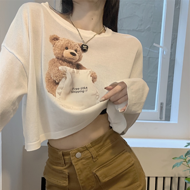 Áo Thun Dệt Kim Tay Dài Dáng Rộng In Họa Tiết Hoạt Hình Xinh Xắn