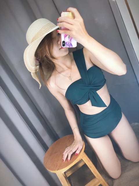 Bikini 2 mảnh, đồ bơi lưng cao, áo gọng nâng ngực lệch vai 2020