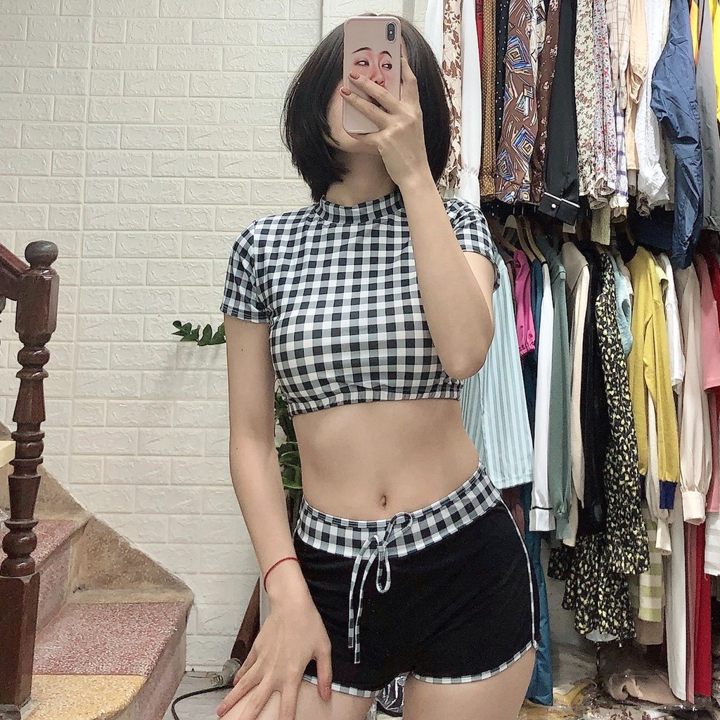 Bikini 2 mảnh quần đùi kẻ caro, bộ bơi rời tắm biển cho nữ kín đáo Bikini191