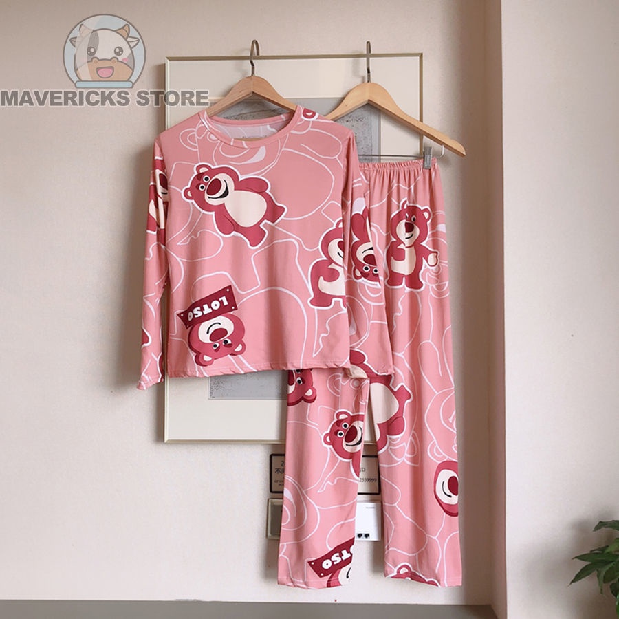 Bộ Đồ Ngủ Tay Dài In Hình Gấu Dâu Tây Phong Cách Hàn Quốc Thời Trang Cho Nữ