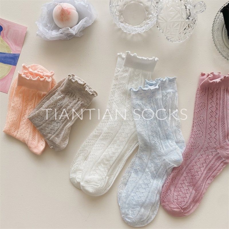TIANTIAN T228 Tất nữ cao cổ mỏng Vớ Lưới Rỗng Bằng Cotton Thoáng Khí Màu Trơn Dễ Thương Thời Trang Mùa Hè Cho Nữ