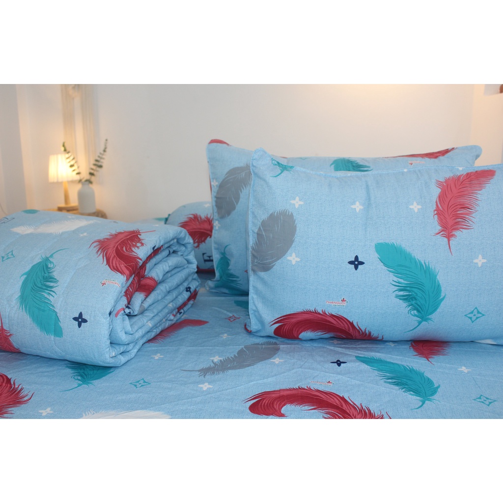 Bộ drap 4 món Cotton - Mẫu Lông Vũ Nền Màu Xanh