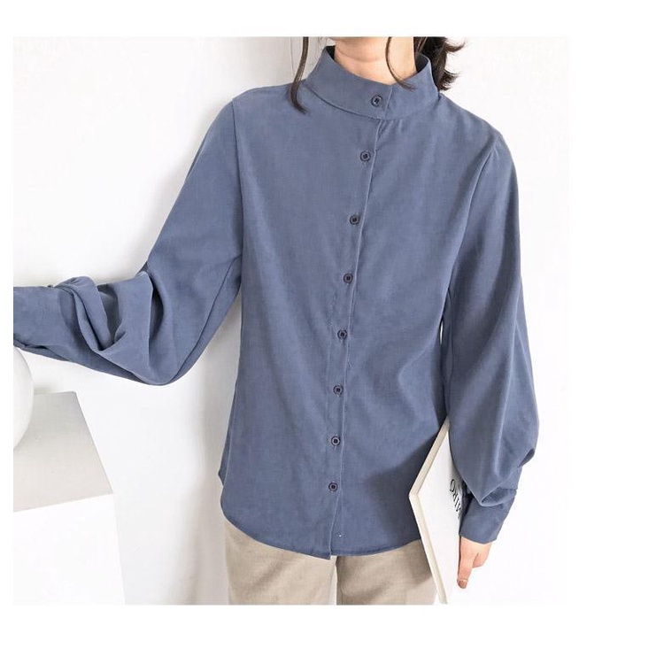 Áo Sơ Mi Đen Cổ Đứng Tay Phồng Phong Cách Pháp Cổ Điển Size S-3XL