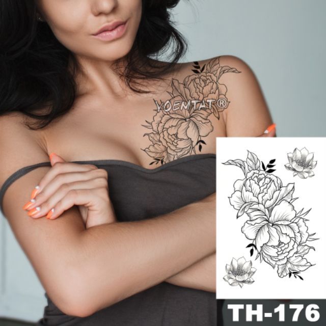 Hình xăm tatoo hoa mẫu đơn nghệ thuật đường kẻ sắc nét Th176, size &lt; 15x21cm