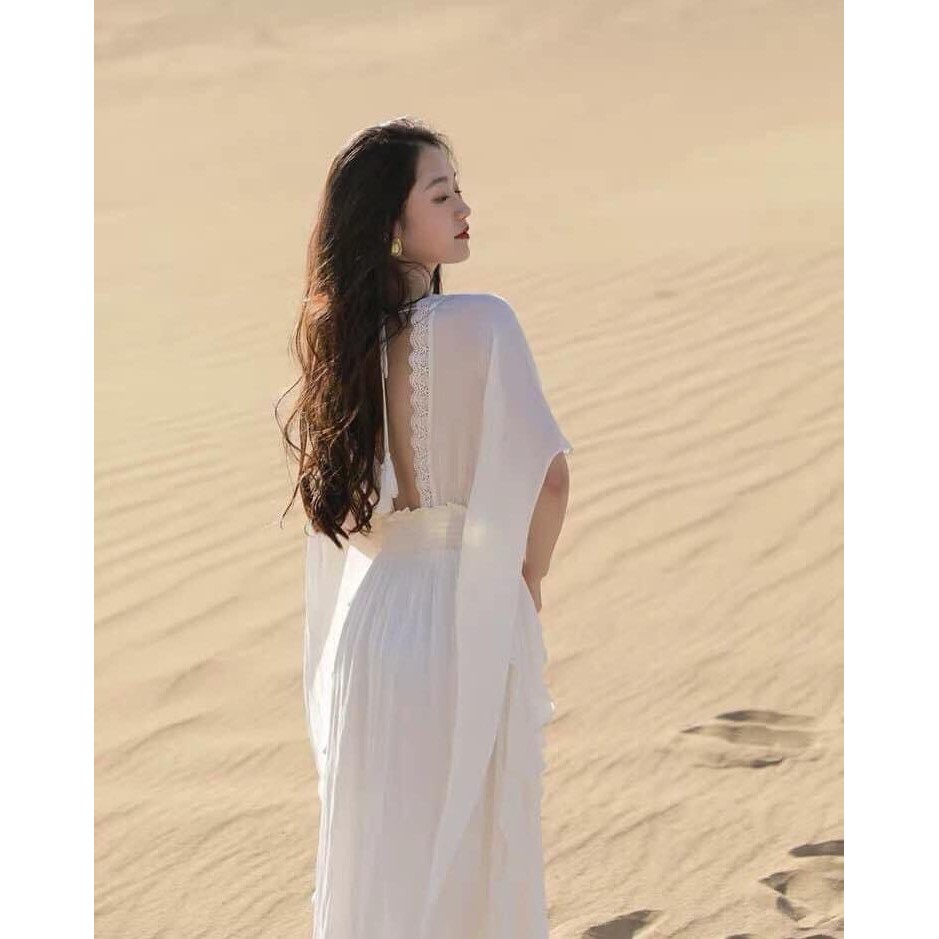 Đầm váy maxi trắng phối bèo