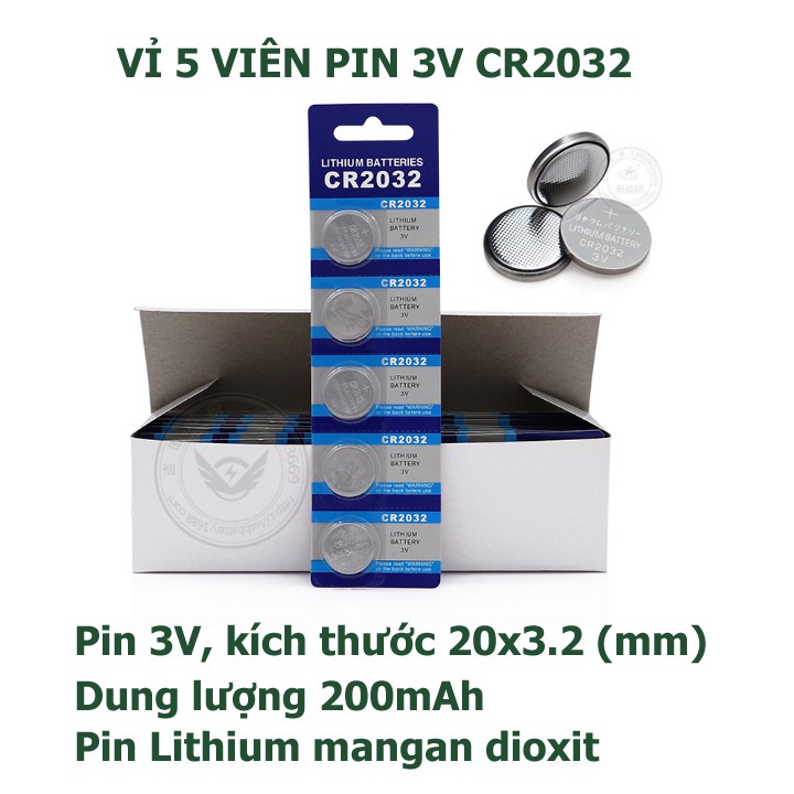 Bộ vỉ 5 viên pin CR2032 3V Lithium dung lượng 200mAh