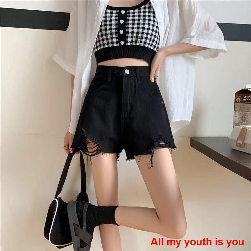 [Spot real shot 💕]quần soóc nữ   2021 new summer black ripped denim shorts for female students with high waist, loose, wide-leg, raw edge a-line hot pants trend