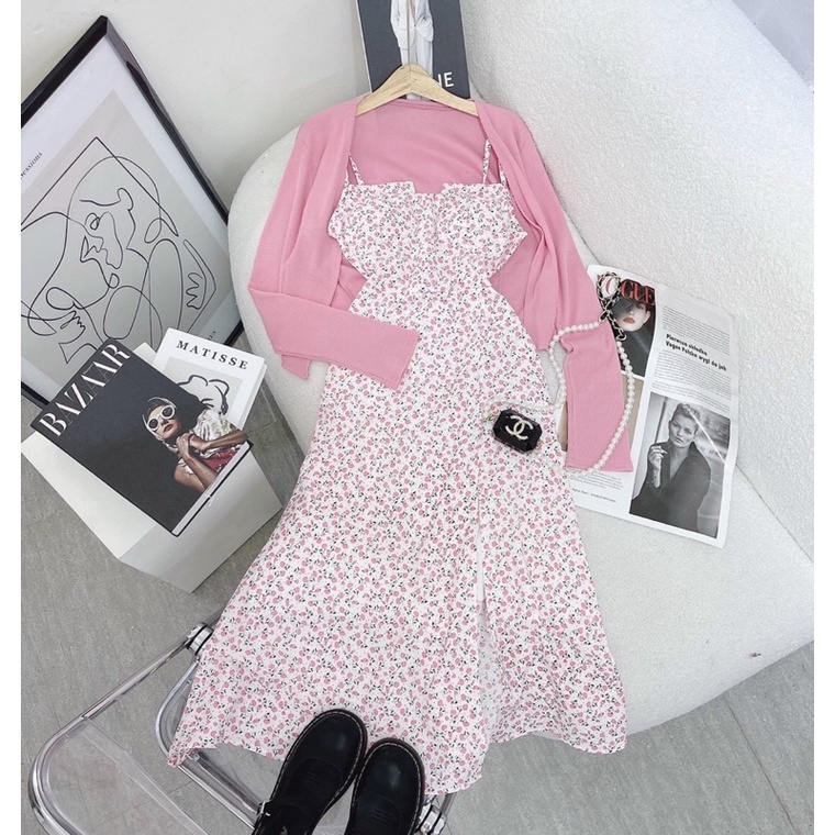 SET Đầm 2 dây hoa nhí xếp li kèm Áo khoác hồng NÀNG CLOSET