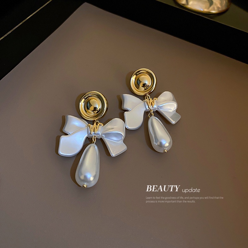 Bông Tai Mạ Bạc 925 Hình Nơ Đính Ngọc Trai Phong Cách Hàn Quốc