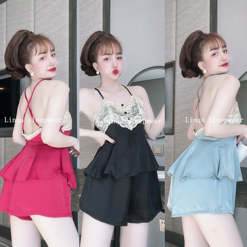 Đồ ngủ sexy 2 dây gợi cảm, đồ ngủ nữ sexy chất satin phối ren mềm mát Freesize - Linqustore