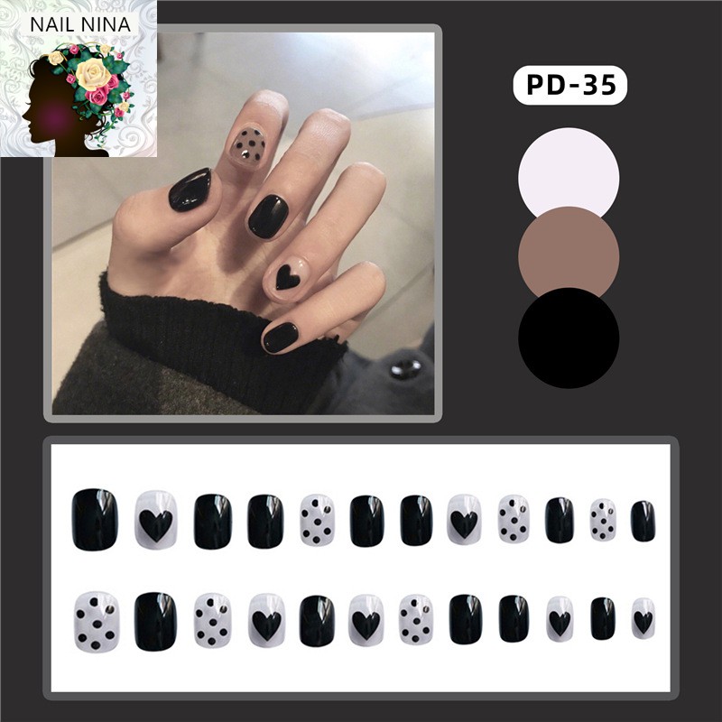 Bộ 24 móng tay giả Nail Nina hoạ tiết trái tim đen mã PD-35 【Tặng kèm dụng cụ lắp】