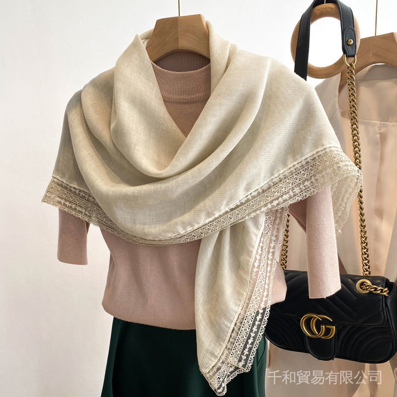 Khăn Choàng Cổ Vải Lanh cotton Phối Ren Hình Vuông Kích Thước 100x100cm Dành Cho Nữ