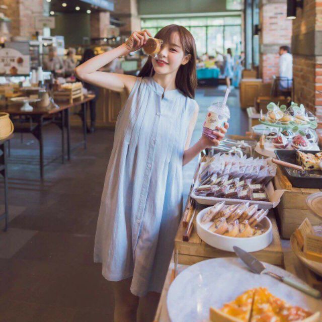 Đầm xanh cổ trụ xếp li (kèm hình thật) | BigBuy360 - bigbuy360.vn