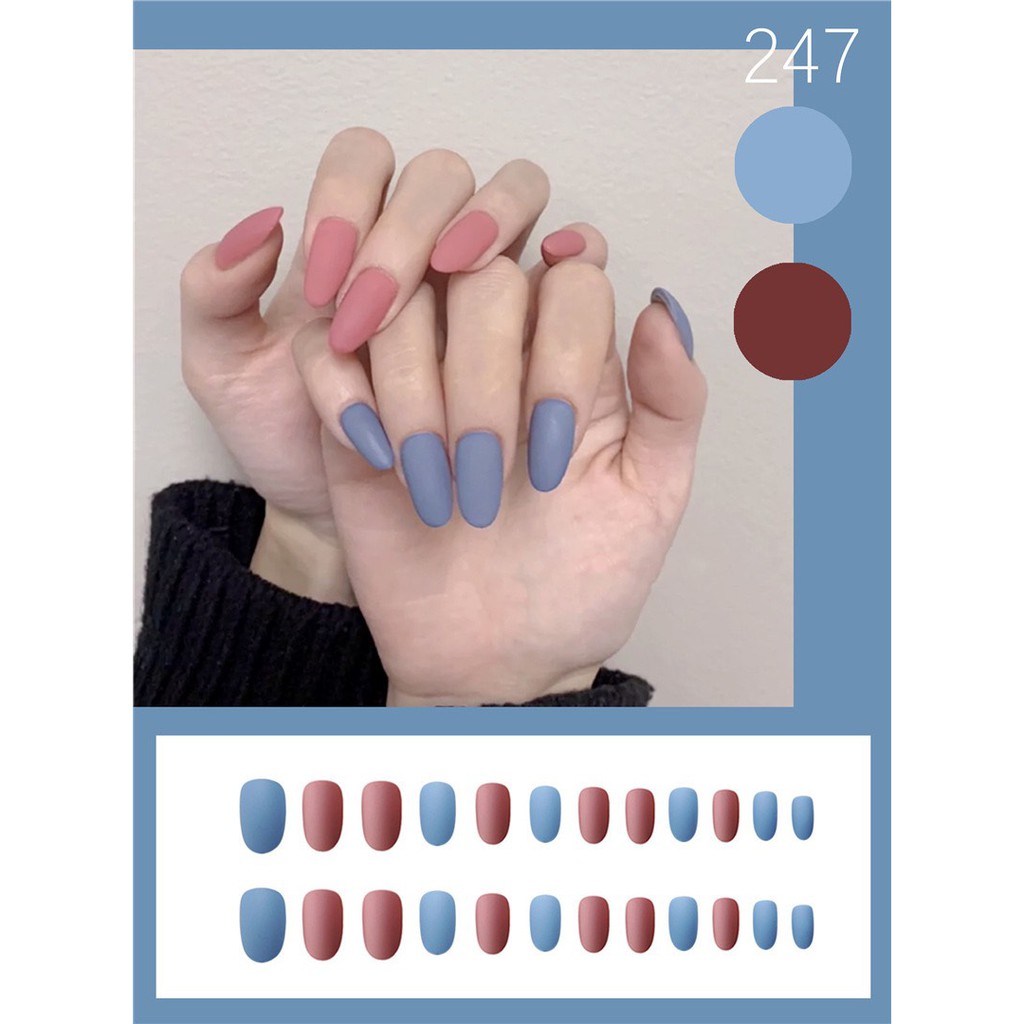Set 24 móng tay giả phối màu khuôn bầu tròn sơn nhám lì siêu đẹp