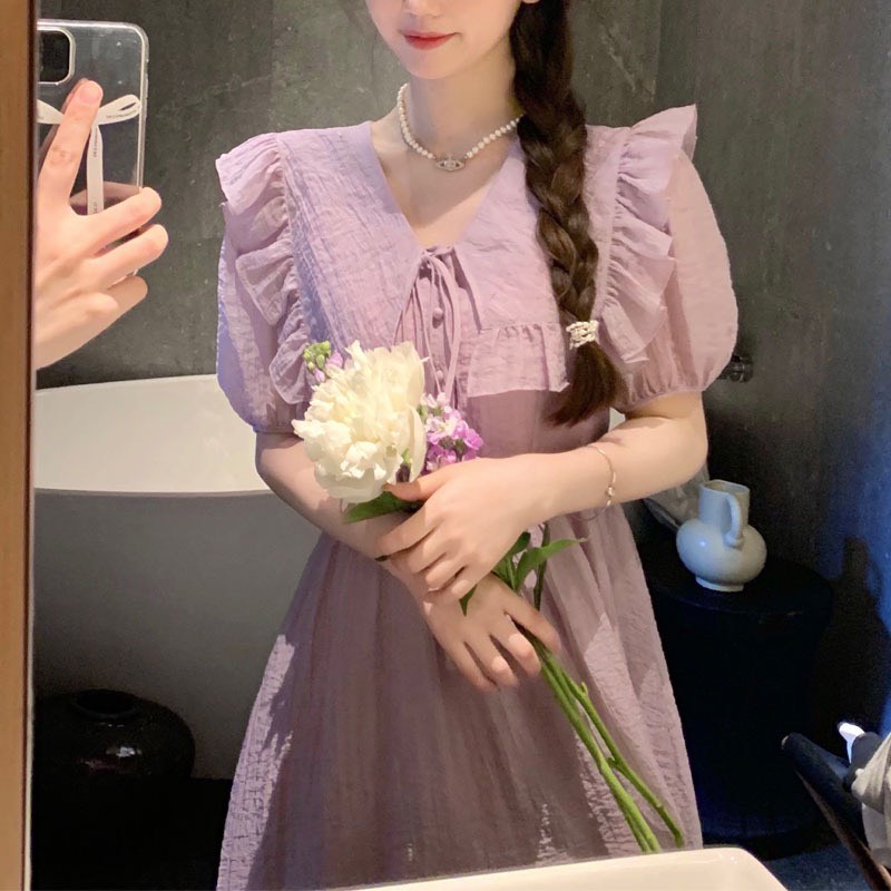 Đầm bánh bèo nữ dáng dài cổ nơ tay bồng HHY427, váy maxi babydoll nơ lưng tay bồng chun cổ bản to