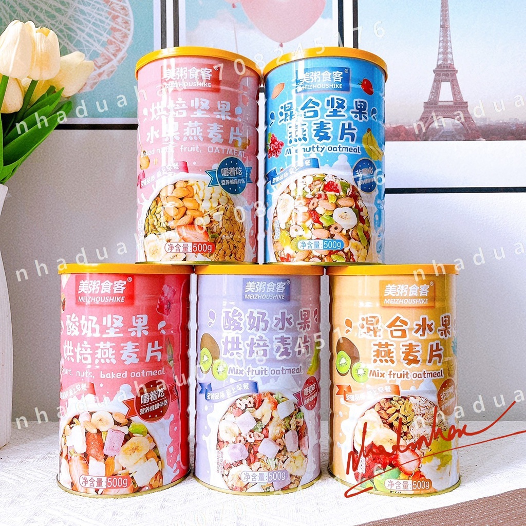 Xả date t8/ Một lon ngũ cốc ăn kiêng mix sữa chua khô trái cây hạt dinh dưỡng Meizhoushike Hongkong lon 500gam