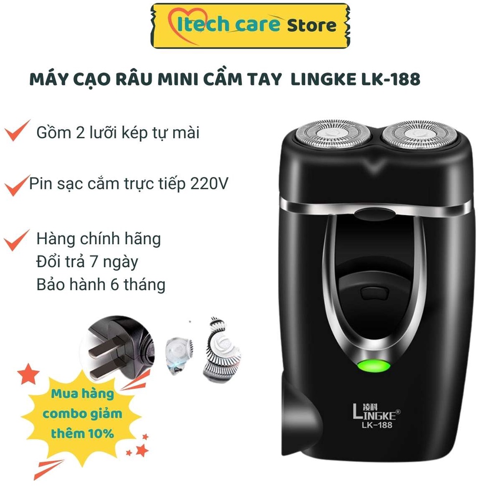 Máy cạo râu mini hàng chính hãng Lingke lưỡi kép Model LK188, pin sạc, lưỡi tự mài cạo râu khô không rát - Có bảo hành