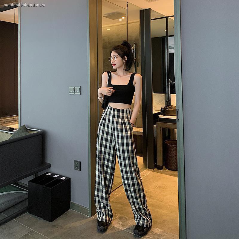 ﹉▨┅Summer Korean version of 2020 new high waist loose drape wide-leg trousers ins all-match plaid casual pants women’s trend