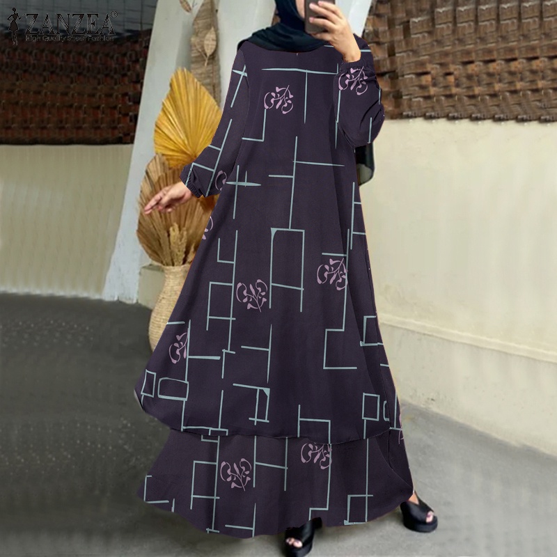 Zanzea Đầm Dài Hai Lớp Tay Phồng In Họa Tiết Thời Trang Cho Nữ