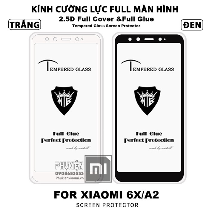 FREESHIP ĐƠN 99K_Kính cường lực 9H full màn hình dành cho máy Xiaomi Mi A2 / Mi 6X - Đen và Trắng Bo 2.5D