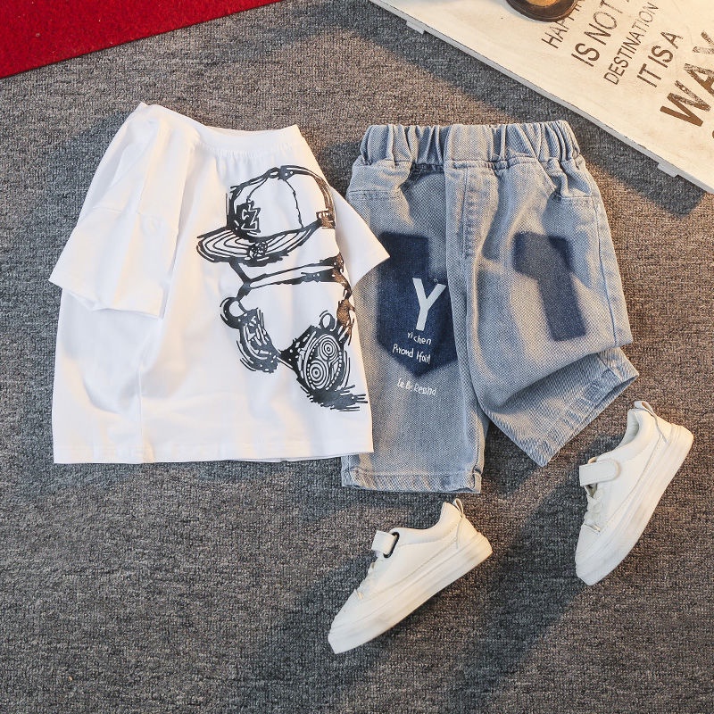 Bộ Áo Thun Tay Ngắn Và Quần Ngắn Phong Cách Phương Tây Thời Trang Mùa Hè Cho Bé Trai