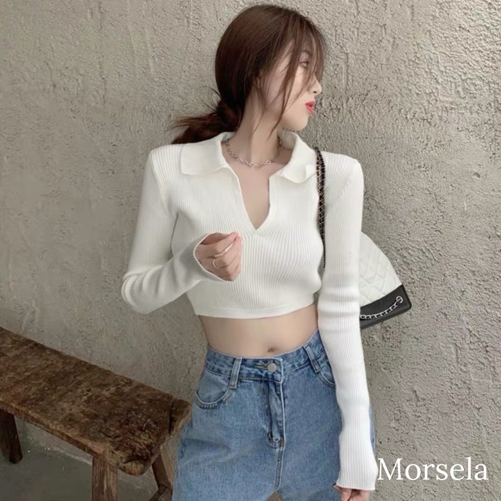 Áo croptop tay dài cổ trụ cột dây lưng - Áo crop top cotton hở lưng - Morsela - CTTD01