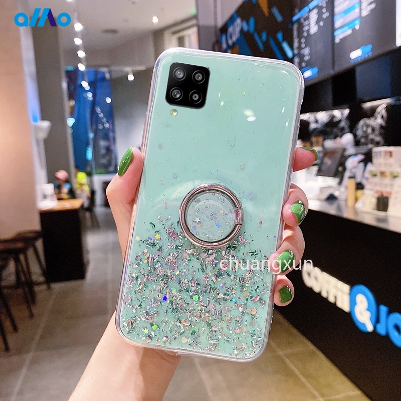 Ốp điện thoại TPU dẻo đính đá lấp lánh có nhẫn giá đỡ cho Samsung Galaxy A22 A05 A52 A72 A32 A42 A02 M02 A02S A12 4g 5g