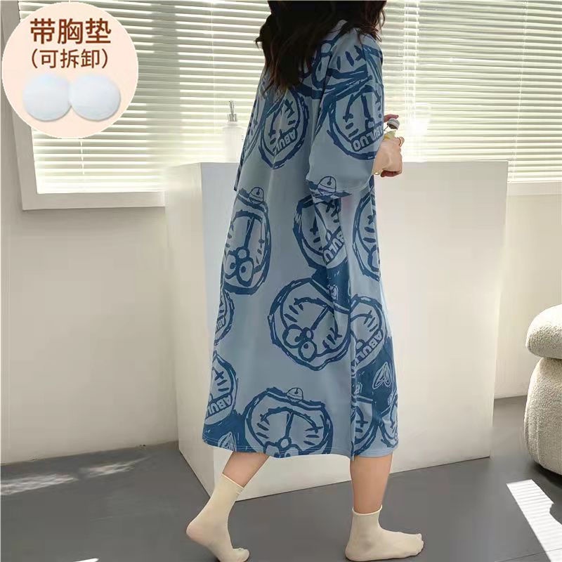 Yuanda [Hàng Có Sẵn] Đầm Ngủ Tay Ngắn Dáng Rộng Có Đệm Ngực In Hình Hoạt Hình Dành Cho Nữ Mặc Ở Nhà Vào Mùa Hè