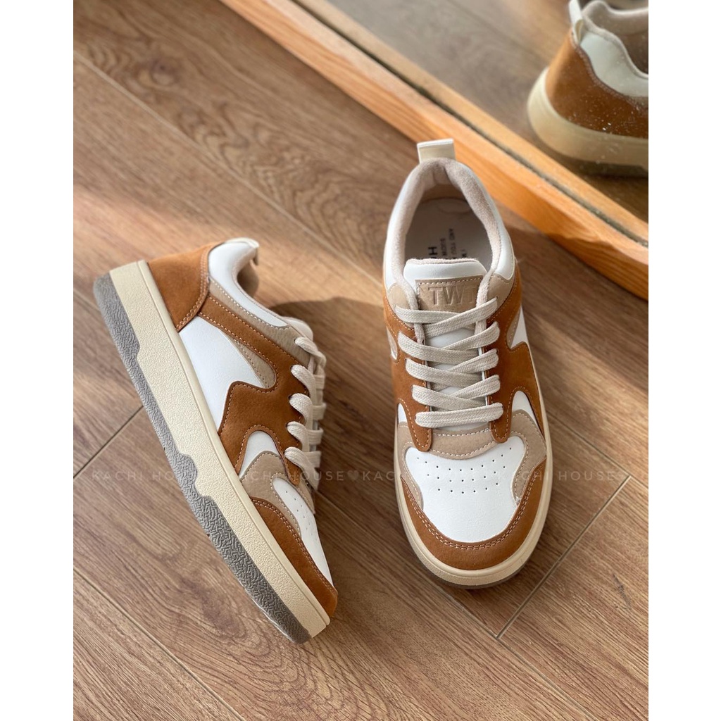 Giày thể thao sneaker nữ đế độn da lộn phối nâu mẫu A32 – Kachi House