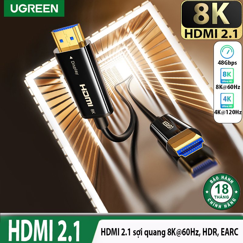 Cáp HDMI 2.1 sợi quang lõi đồng 8K/60Hz,4K/120Hz eARC Cao Cấp Ugreen 80406 80407 80408 80409 50400 Chính Hãng HD141