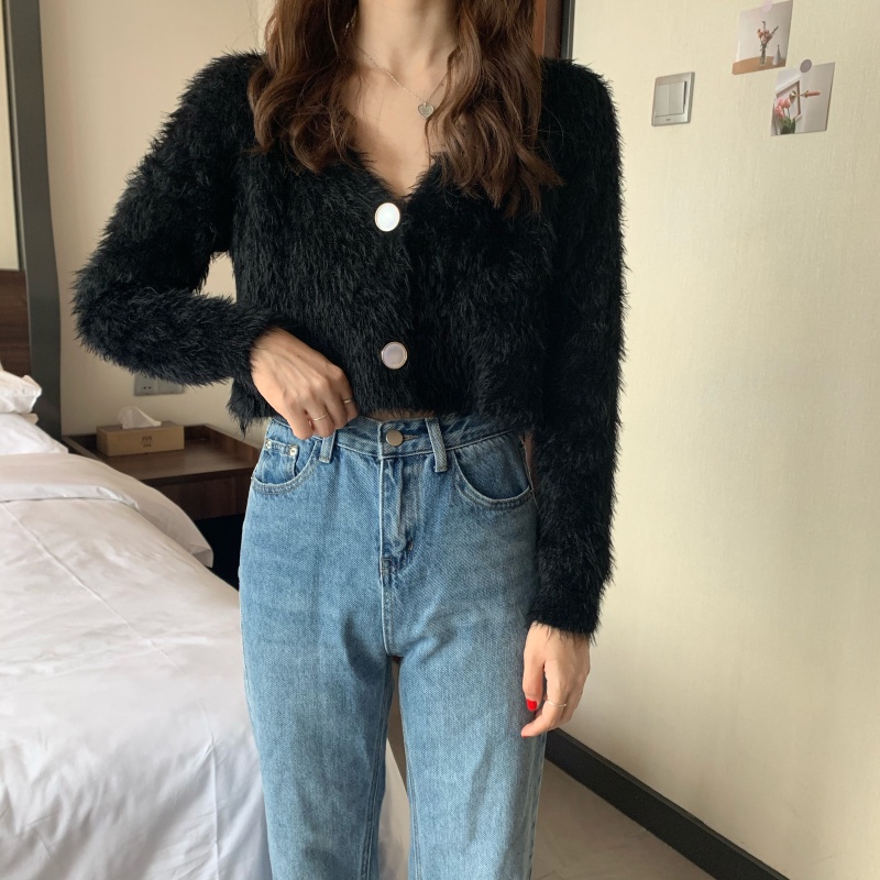 Áo khoác cardigan dệt kim IHKKE cổ chữ v dáng ngắn phong cách Pháp