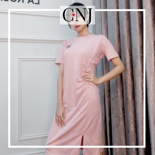 Đầm Suông CHE BỤNG chữ A nữ Rúm eo Xẻ tà Thêu chữ chất Cotton co giãn 4 chiều 2 màu 🌸 Váy body nữ