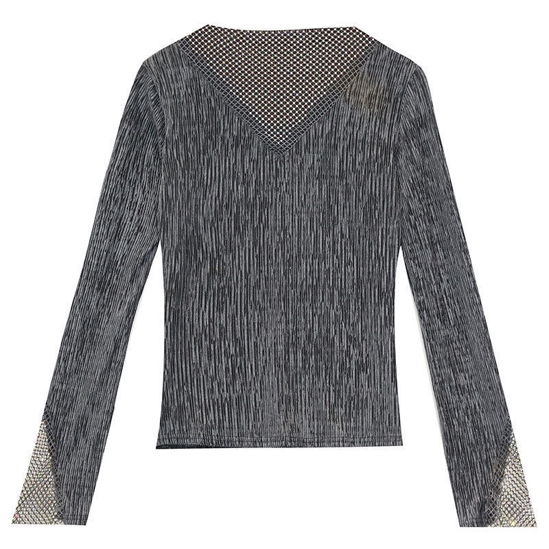 Áo thun tay dài phối lưới đính đá thời trang xuân thu dành cho nữ 2021