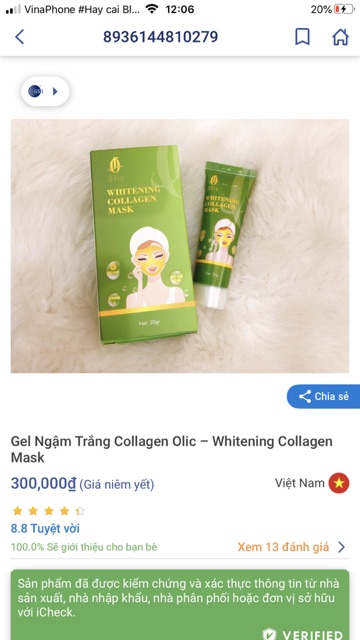 Mặt nạ Collagen tươi olic(bao hàng chính hảng cty 100%)