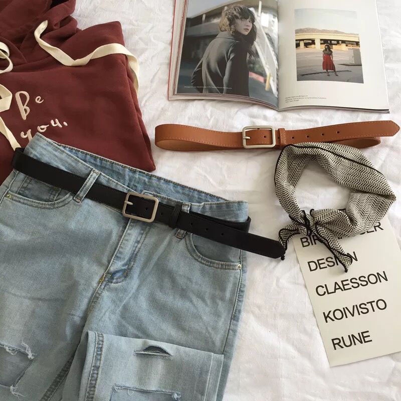 Thắt Lưng Da PU Khóa Vuông Màu Vàng Kim Đơn Giản Dễ Phối Đồ Phong Cách Retro Mới