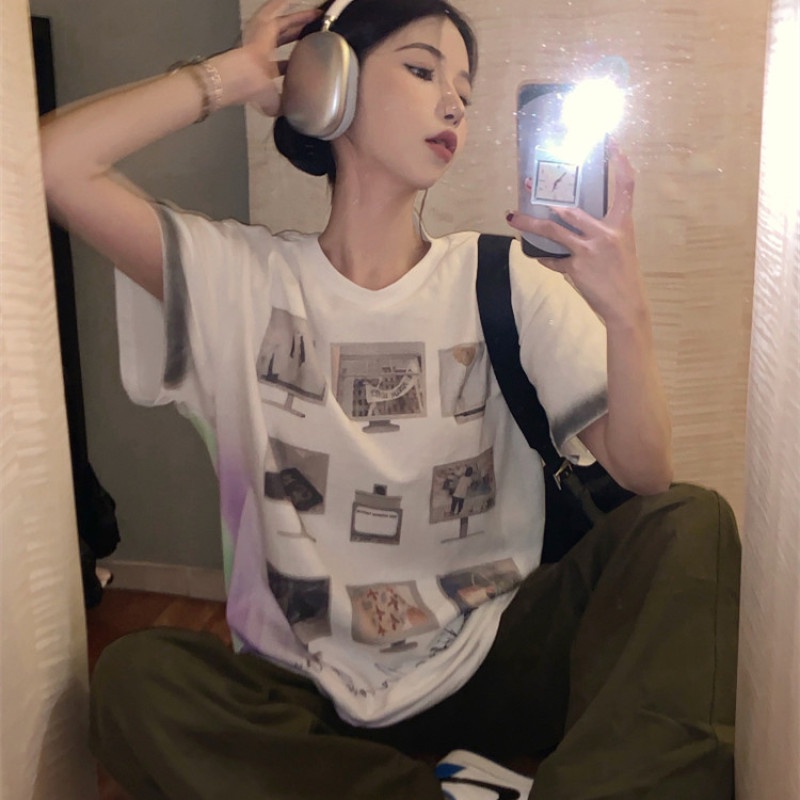 Áo Thun Tay Ngắn Dáng Rộng In Hình Tranh Vẽ Vui Nhộn Hợp Thời Trang Hè